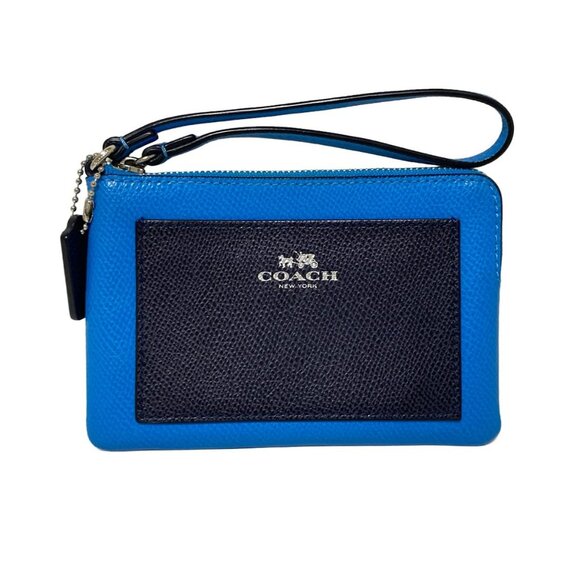 Auth COACH - F65758 Light Blue Dark Navy Leather Pouch - Picture 1 of 7